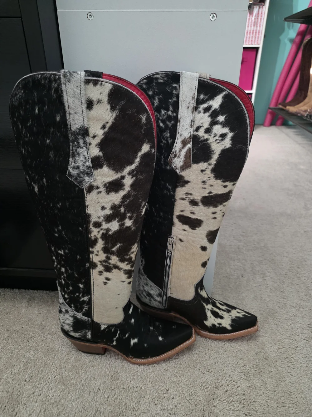 Rock'em Cowhide Tall Boots in Brown & White with Red Interior WIDE CALF